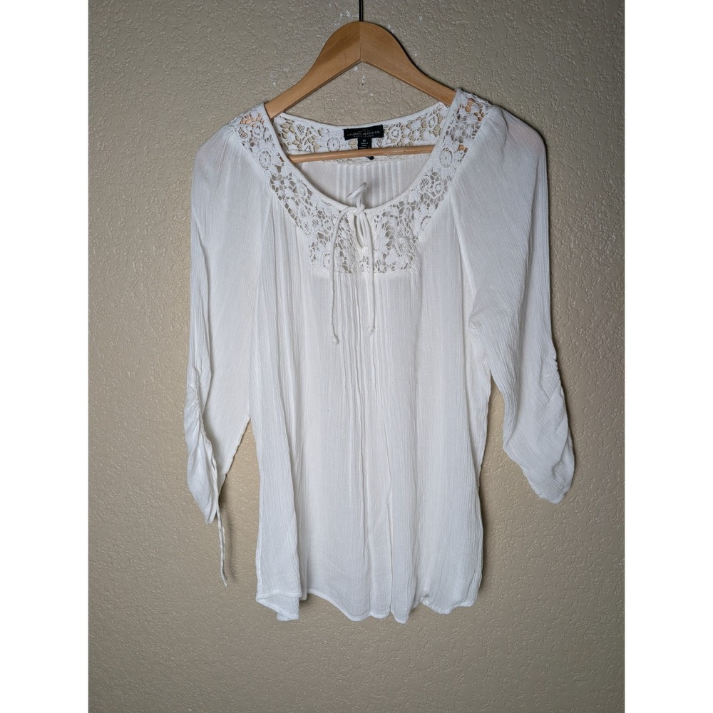 Lauren Ralph Lauren Peasant Blouse M Crochet Tunic Boho 3/4 Sleeve Crinkle